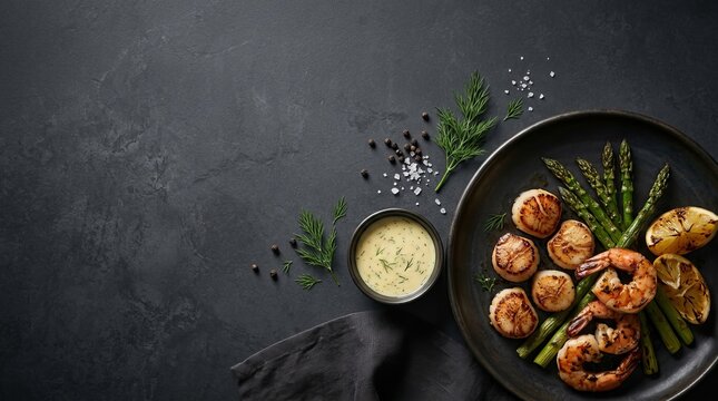 Seared scallops and shrimp served with roasted asparagus on a black plate