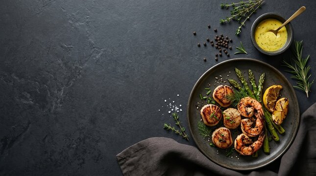 Grilled scallops with asparagus and sauce on dark textured stone background