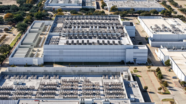 Massive data center building infrastructure aerial view