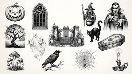Fototapeta premium Halloween vector set with spooky elements like vampire witch ghost and pumpkin in vintage ink style