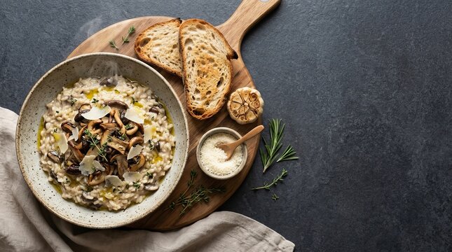 Mushroom risotto with parmesan shavings and slices of sourdough bread