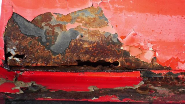 Weathered Red Metal Surface with Peeling Paint and Rust Reflected in Dark Water, Abstract Decay