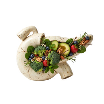 Human stomach and pancreas ceramic sculpture filled with healthy food ingredients on transparent background