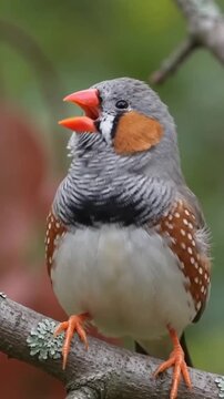 Zebra finch bird perched on a tree branch in a natural forest
