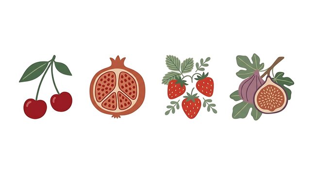 Fruits vector set illustration with cherries, pomegranate, strawberries, and figs in cute hand drawn style