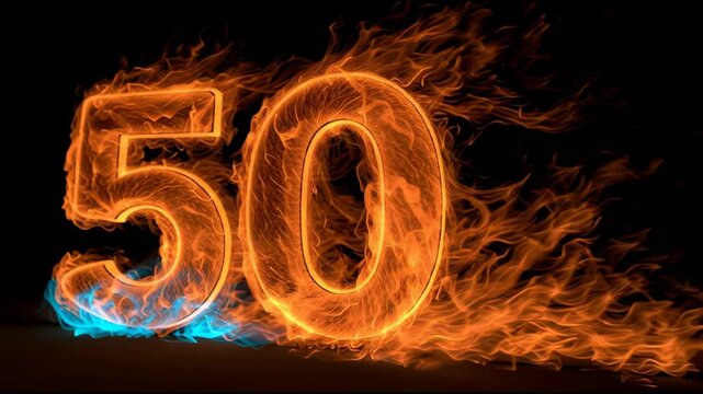 Flames create the shape of the number 50, showcasing vibrant orange and blue fire against a dark background.