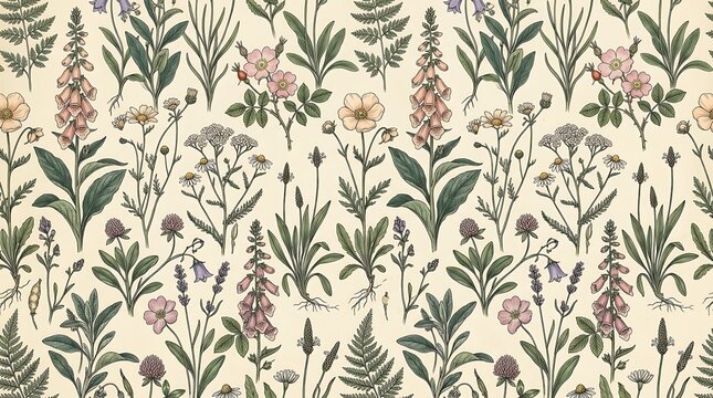 Vintage floral seamless pattern with hand drawn botanical illustrations of wild meadow plants and flowers