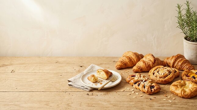 Selection of fresh buttery croissants and danish pastries on a rustic wooden