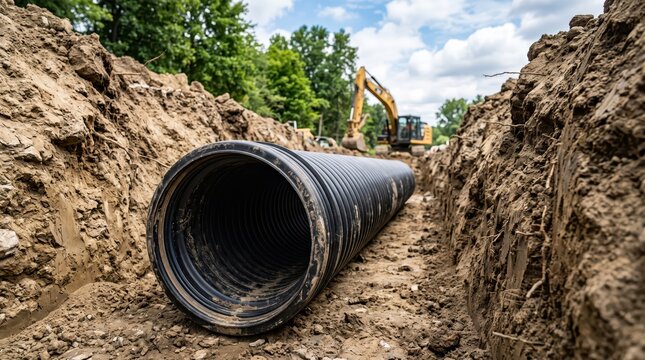 Corrugated drainage pipe laid in trench beside excavator. Stormwater infrastructure installation. Underground drainage and utility works. Civil engineering construction.