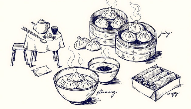 Hand drawn dumpling preparation illustration for asian cuisine