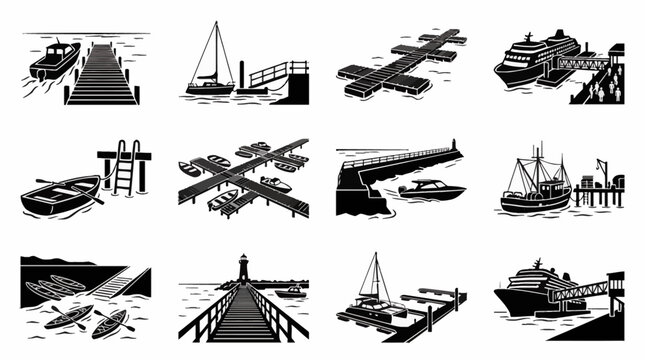 Minimalist vector illustration of a small wooden boat moored alongside a timber walkway or pier on a calm water surface, isolated flat design icon for nautical and travel themes.