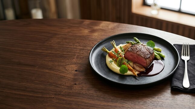 Seared beef steak served with mashed potatoes and asparagus on a black plate