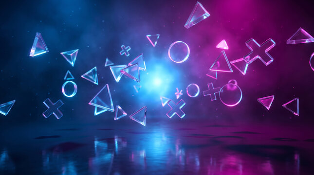 Abstract background with floating glass playstation controller symbols in blue and purple neon light