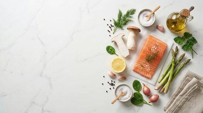 Raw salmon fillet with ingredients on a white marble background