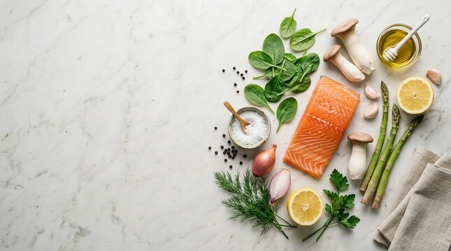 Raw salmon fillet with fresh asparagus and herbs on white marble surface