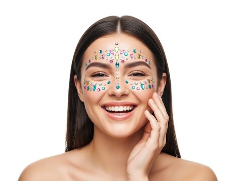 Woman smiling with face gems and glitter makeup