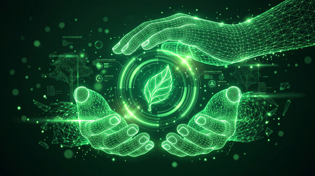 Digital wireframe hands holding a glowing green leaf icon representing sustainable technology and environmental protection
