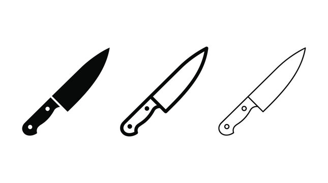 Chef knife icon set featuring solid and outline vector illustration styles for culinary