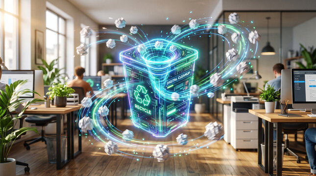 Futuristic digital recycling bin hologram cleaning up data clutter in a modern office environment