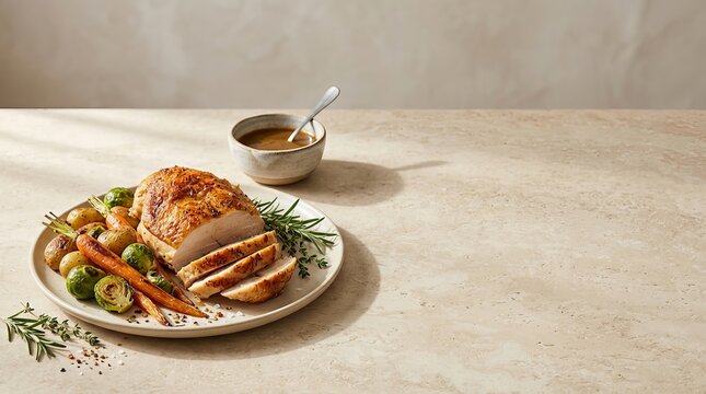 Sliced roasted chicken breast with hearty root vegetables and gravy