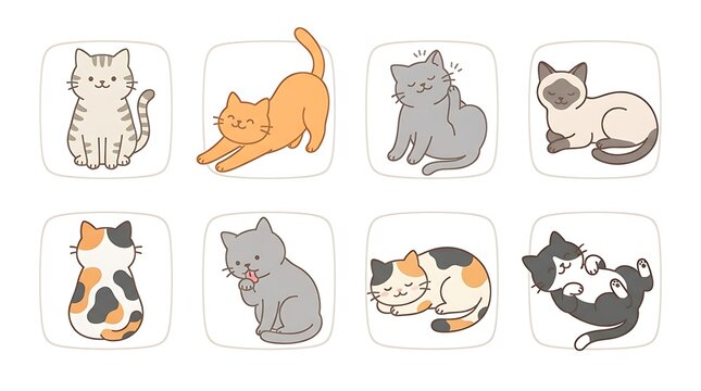 Cute cat vector illustrations set with various breeds and playful poses in hand drawn style