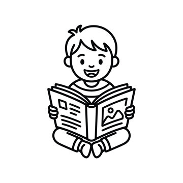 Happy Boy Reading Book Coloring Page Vector