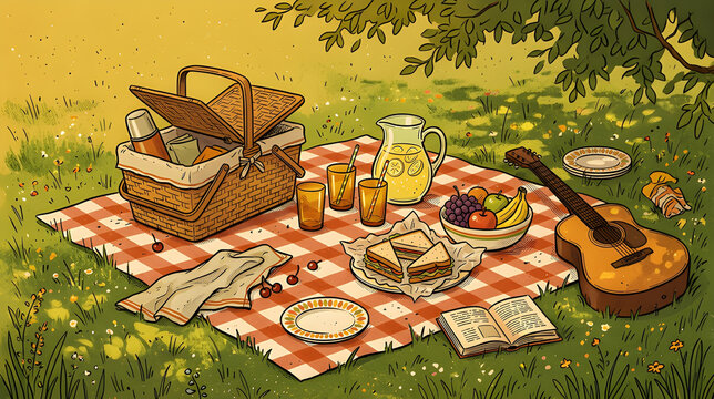 Nostalgic picnic scene with vintage basket, checkered blanket, homemade sandwiches, fruit and lemonade, 1970s-inspired illustration, hand-drawn imperfect lines, retro print texture, halftone grain, no