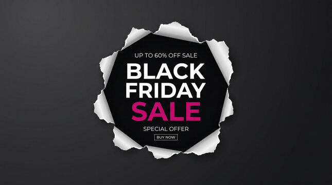 Black friday sale vector banner design with torn paper effect on dark background, up to 60 percent off special offer promotion poster