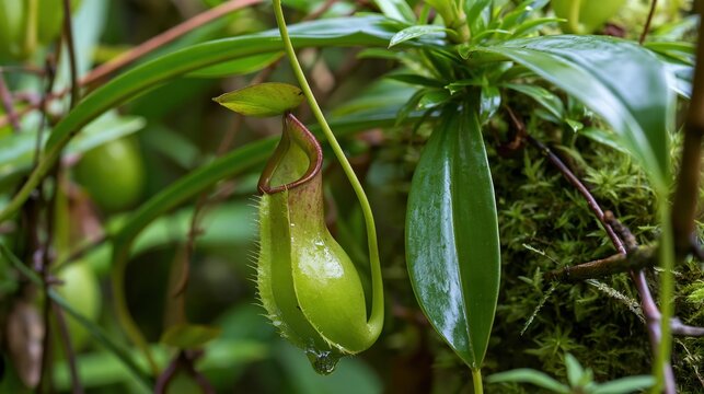 Close-up of a green pitcher plant with a water drop