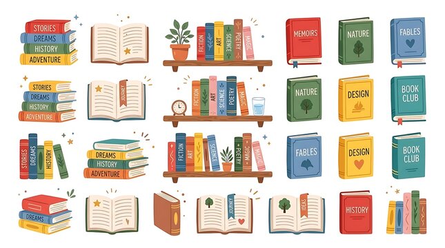 Books collection vector illustration of colorful hardcover books and open reading materials