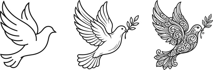 Fototapeta premium Flying Peace Dove Line Art Set with Olive Branch and Mandala Filigree Pattern for Freedom Symbols and International Peace Day Tattoo Designs