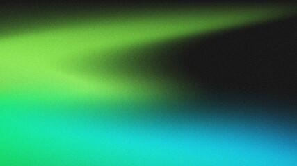 Fototapeta premium Abstract grainy textured background featuring smooth wavy gradient light streaks in bright green, cyan, and deep blue blending into black dark space.