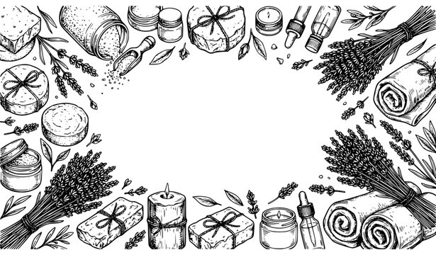 Handmade spa beauty products horizontal vector frame with lavender soap candles and bath salt line art