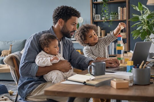 Busy Father Working on Laptop While Caring for Baby and Child Playing with Blocks