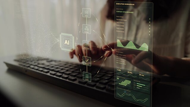 Hands type on a keyboard. Programming automation combines contextual reasoning with code assembly and checks, using revision information and execution metrics to support software review.