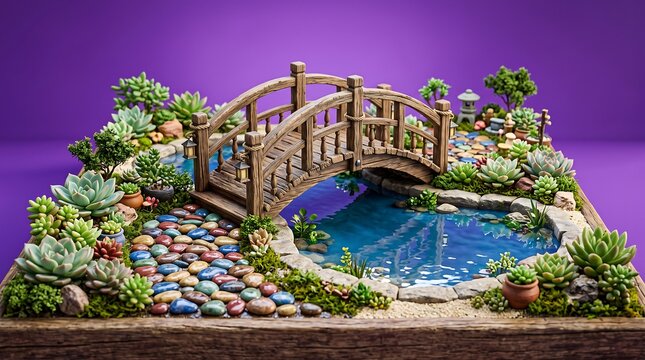 Miniature landscape with a bridge over a blue pond and lush greenery