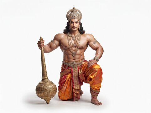 Prince Bhima Mahabharata Character Kneeling Holding Golden Mace Isolated on White Background