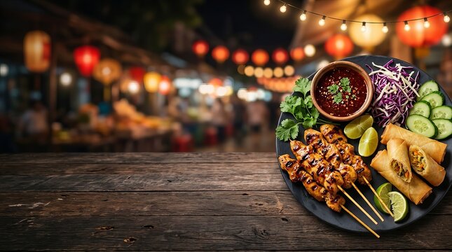 Assorted asian appetizers with chicken skewers and spring rolls on a wooden