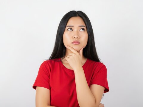 Woman thinking with hand on chin