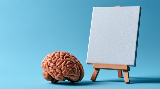 A human brain and empty canvas highlight creative potential, imaginative discovery, artistic inspiration, original ideas, and the freedom of visual expression.
