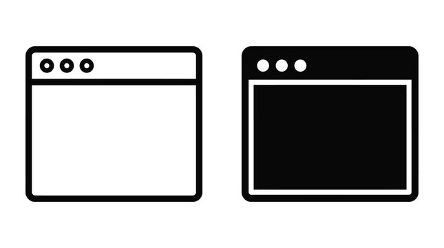 Browser window icon set featuring outline and solid black vector styles