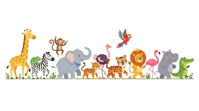 Cute cartoon wild animals vector set featuring giraffe, elephant, lion, zebra, monkey, and tiger
