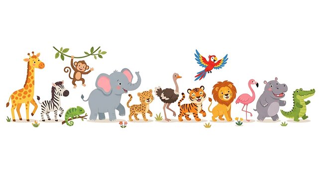 Cute cartoon wild animals set with giraffe zebra monkey elephant leopard ostrich parrot lion flamingo hippo and crocodile on a white background