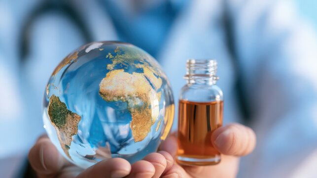 A physician presenting a world globe near medication represents international healthcare cooperation, medicine distribution, and equitable access to essential treatments.
