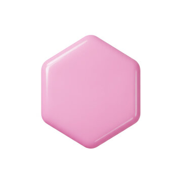Glossy pink rounded hexagon tile isolated on white background. Minimal pastel graphic element. Copy space for text and packaging