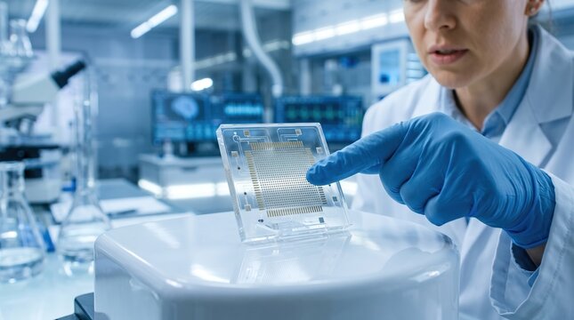 Female laboratory scientist in blue gloves analyzing a transparent microfluidic biochip for medical research