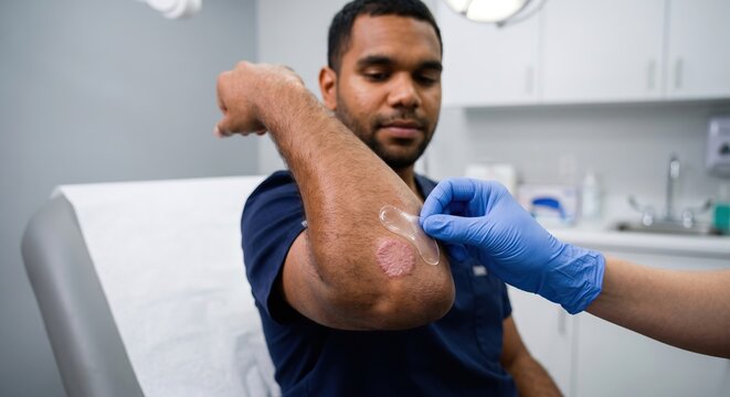 Doctor applying a transparent hydrocolloid dressing over a ringworm lesion on a male patient's arm in a clinic