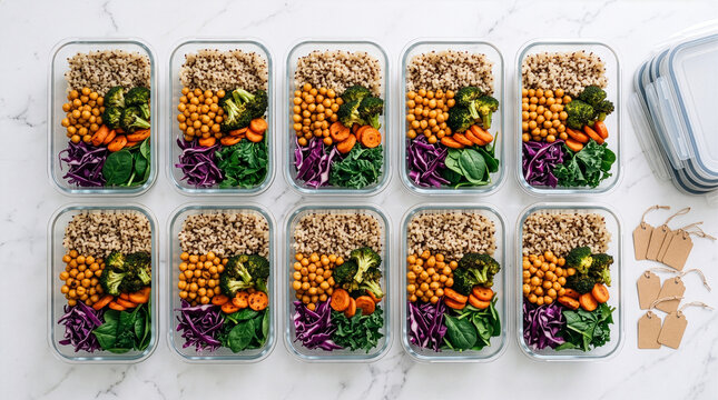 Ten glass meal prep containers with quinoa chickpeas and vegetables