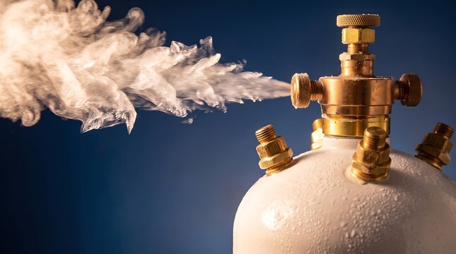 Industrial pressurized gas cylinder releasing a jet of white vapor from a brass valve assembly with frost and condensation on the tank surface