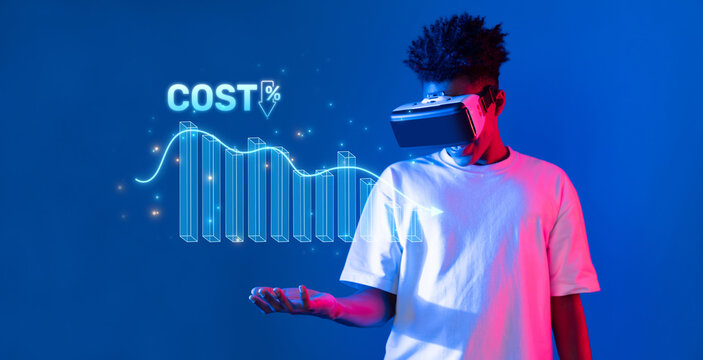 A young man in a white shirt explores immersive technology through a virtual reality headset, visualizing cost reduction trends against a vibrant blue backdrop. XDMCP